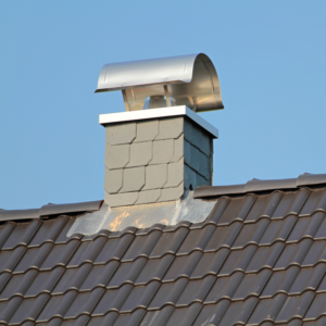 a gray prefabricated chimney with a chase cover and chimney cap
