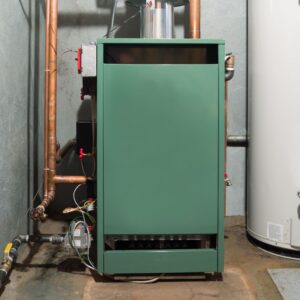 a green furnace with copper and metal piping coming out of it